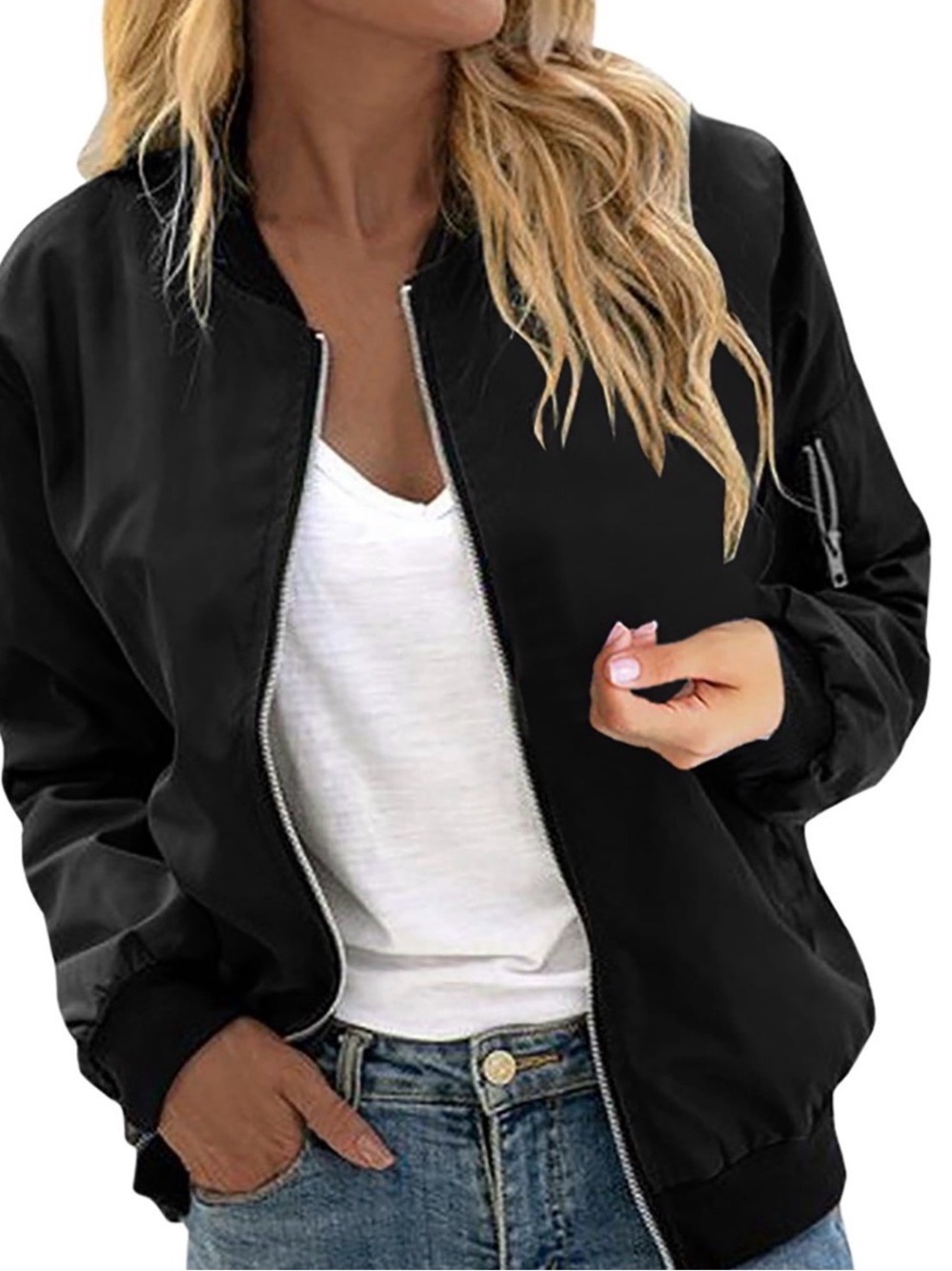 Bomber Jacket Casual Black Windbreaker with Pockets medium